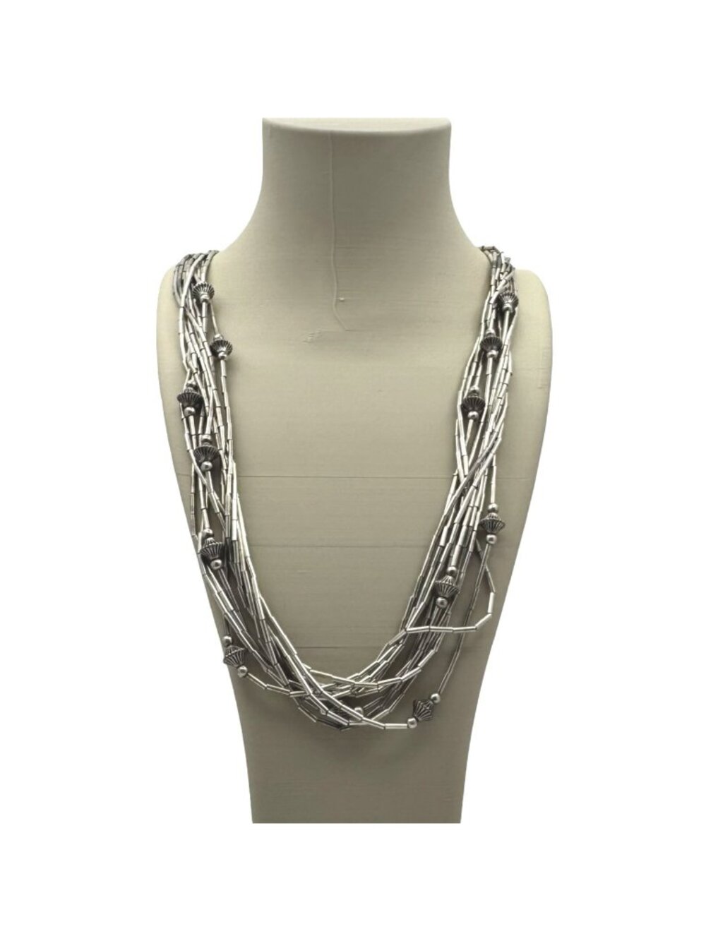 10 Strand Liquid Silver Bead Statement Necklace 57g 25" Vintage Estate Southwest